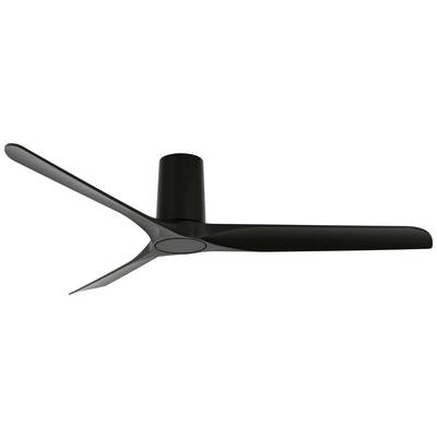 Egy fekete mennyezeti ventilátor három keskeny lapáttal és hengeres motorral. Minimalista dizájn.