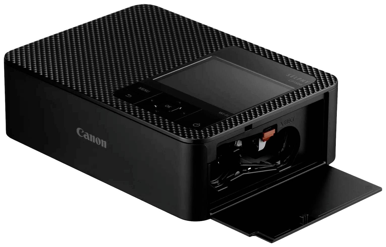 Egy kompakt fekete Canon nyomtató nyitott papírtálcával és digitális kijelzővel a tetején.