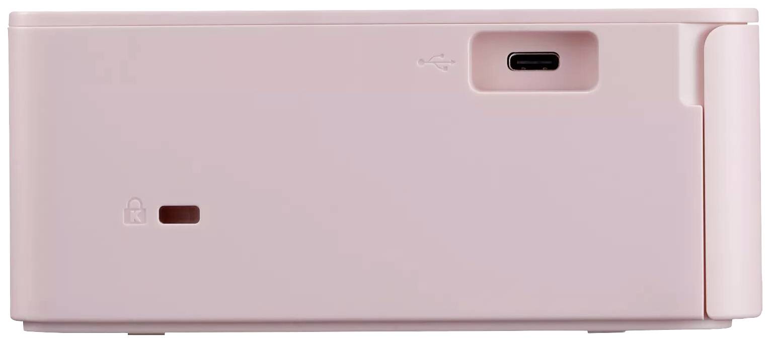 Rózsaszínű, hordozható fényképnyomtató hátoldala USB-csatlakozóval és biztonsági nyílással, kompakt és modern dizájnnal.