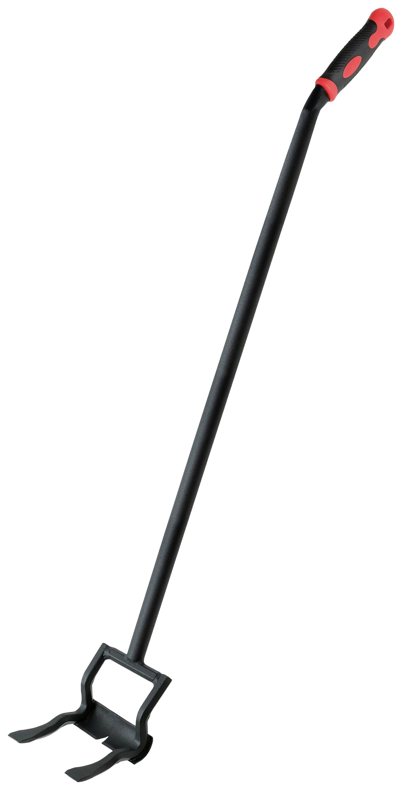 Egy hosszú, fekete feszítőszerszám piros fogantyúval, amely alkalmas szögek kihúzására vagy hasonló emelő munkálatokra.