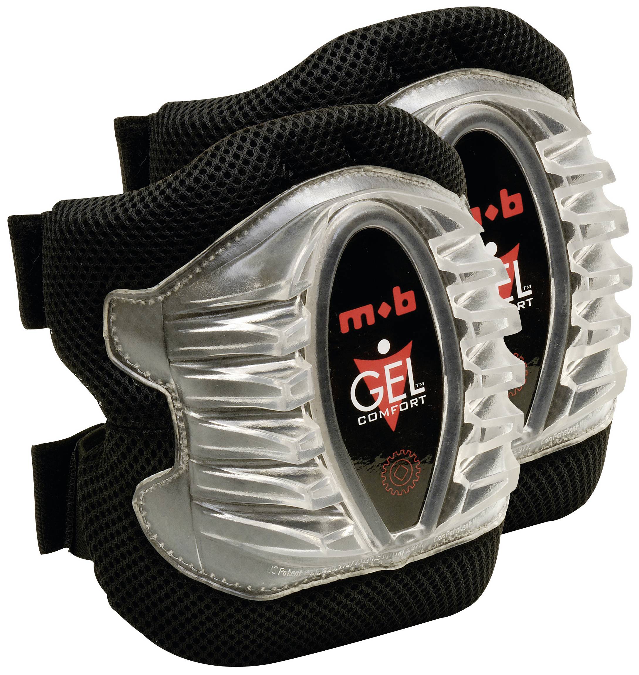 Két fekete térdvédő ezüstös párnázattal és egy piros 'Gel Comfort' felirattal.