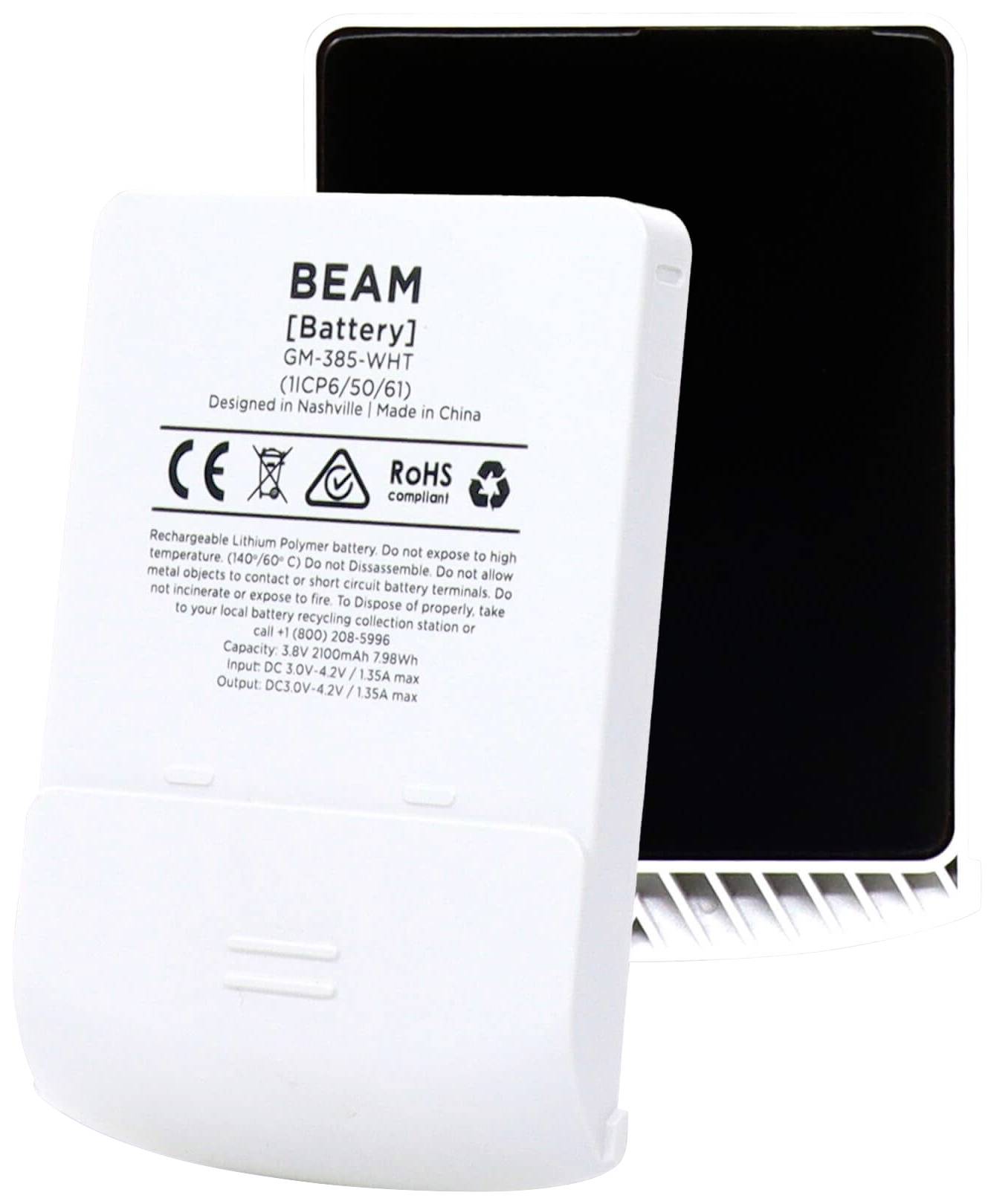 Egy fehér akkumulátor, amelyen a 'BEAM Battery, Model GM-38S-WHT' felirat olvasható, fekete háttér előtt áll.