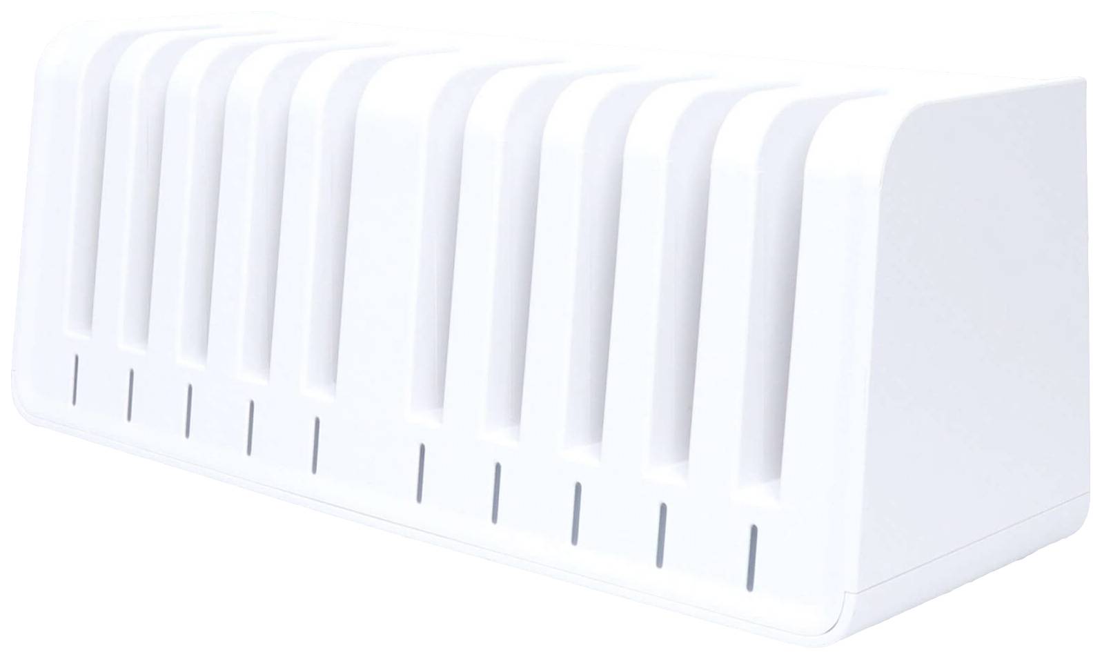 Fehér műanyag állvány több függőleges nyílással tárgyak tárolására vagy rendszerezésére.