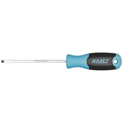 Egy lapos csavarhúzó kék nyéllel, fekete gumírozott markolattal és ezüstös fémlapáttal, 'Hazet' márkájú.
