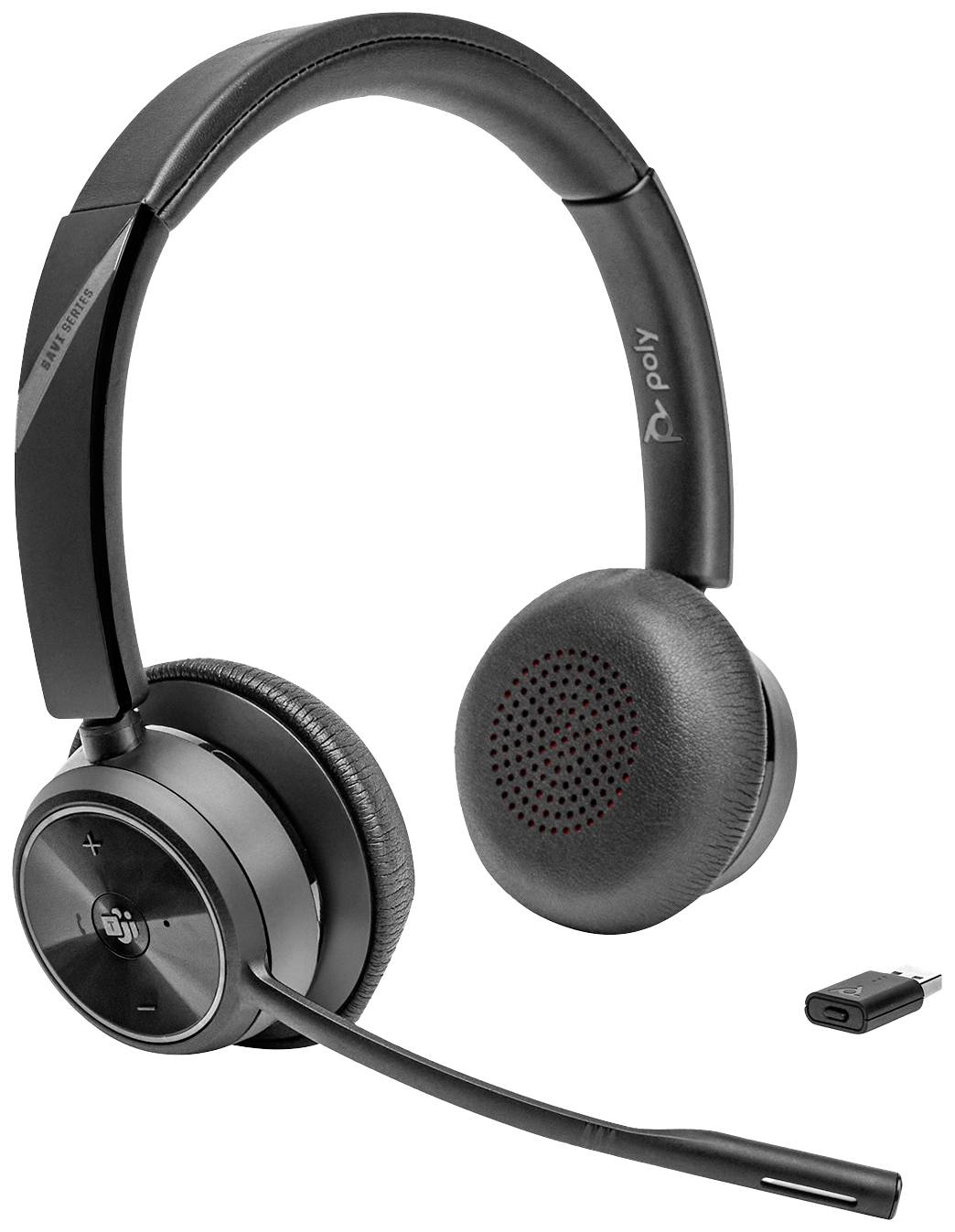 Fekete, vezeték nélküli headset mikrofonkarral és USB-A vevőegységgel, Poly márka, számítógépes kommunikációhoz alkalmas.