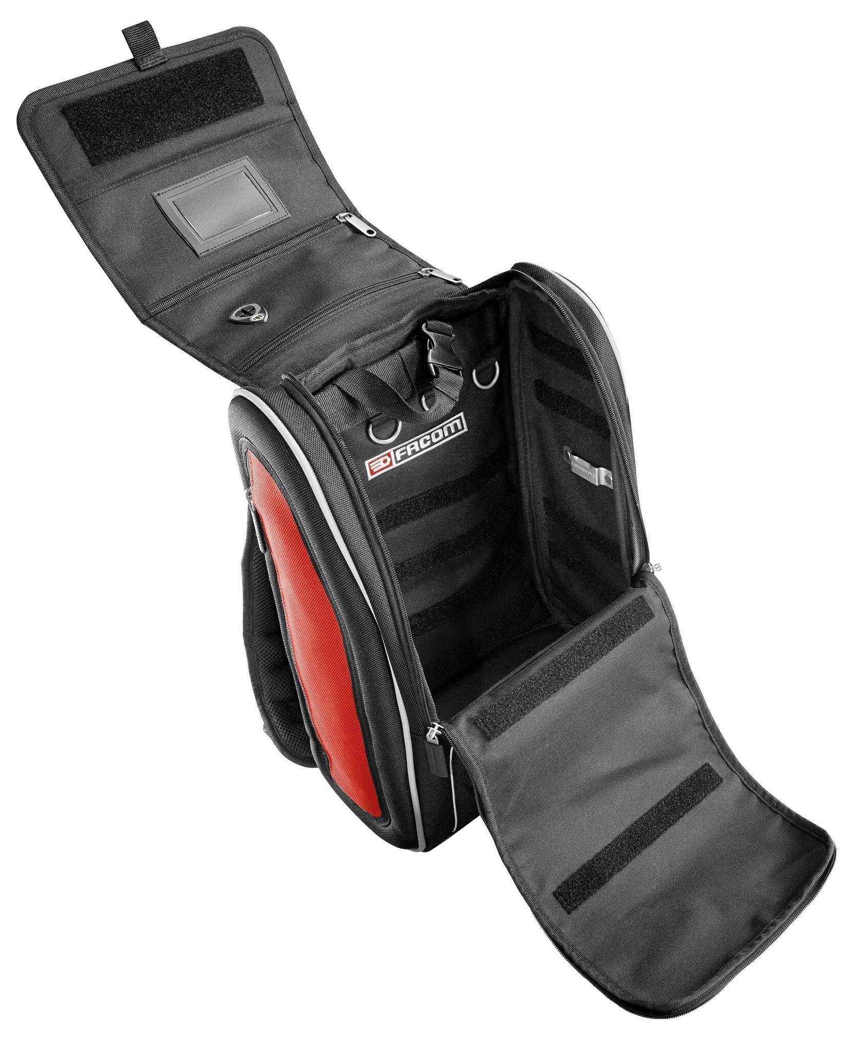 Egy nyitott, fekete hátizsák, átlátszó belső térrel és piros oldalsó részekkel, szerszámtárolásra alkalmas, több zsebbel és rekesszel.