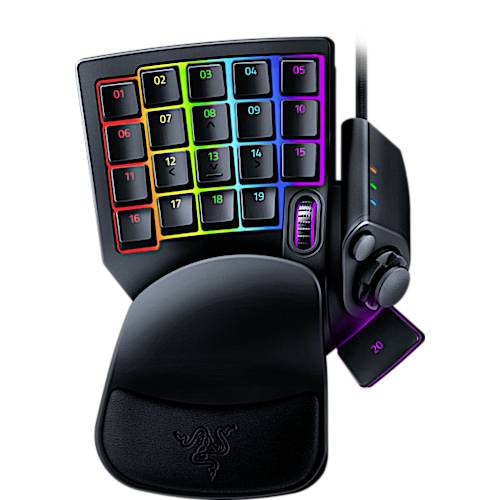 Egy egykezes gaming billentyűzet- és egér-kiegészítő eszköz, amely 20 megvilágított, programozható gombbal és ergonomikus kialakítással rendelkezik.