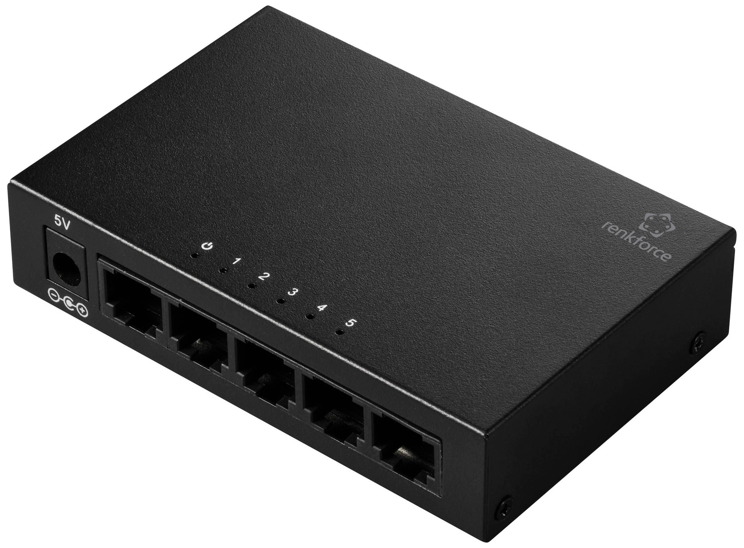 Egy fekete hálózati switch öt Ethernet porttal, amely alkalmas több eszköz csatlakoztatására egy helyi hálózatban.