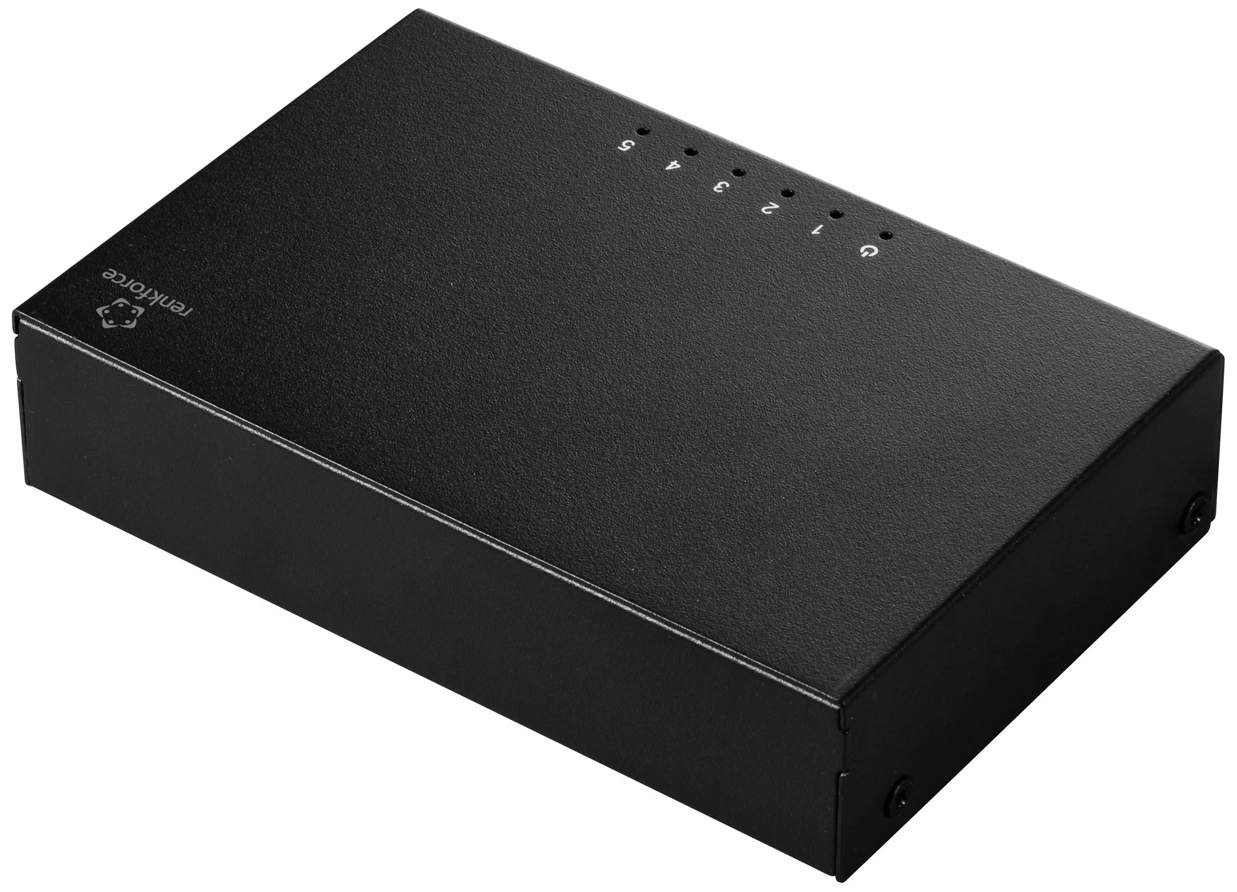 Egy fekete hálózati switch öt Ethernet-porttal és LED-kijelzőkkel, amely több eszköz hálózati csatlakoztatására alkalmas.