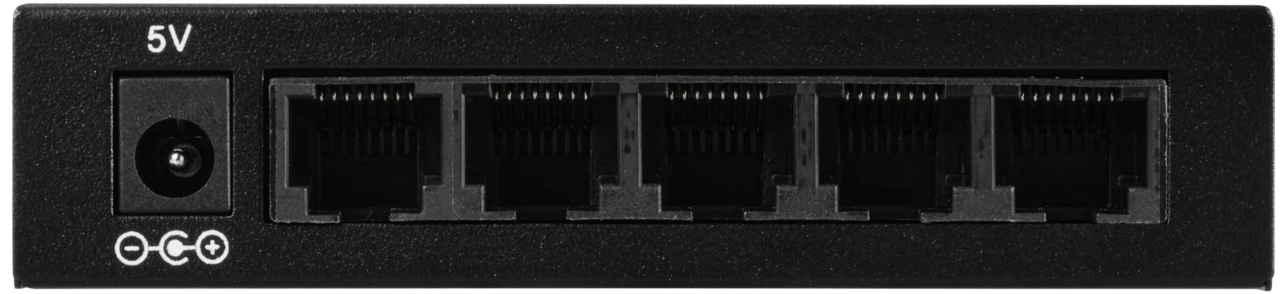 Öt Ethernet-porttal és egy 5V-os tápcsatlakozóval rendelkező hálózati kapcsoló, amely alkalmas hálózati kapcsolatok kezelésére és elosztására.