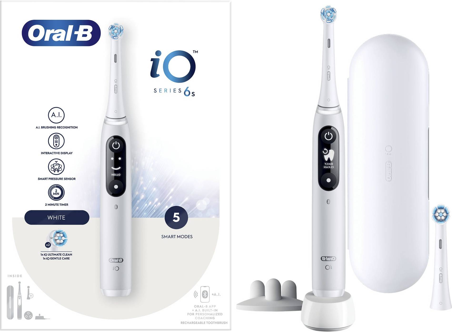 Oral-B iO Series 6s elektromos fogkefe fehér színben, tartozékokkal, például töltőállomással és utazótokkal. A csomag a funkciókat is bemutatja.