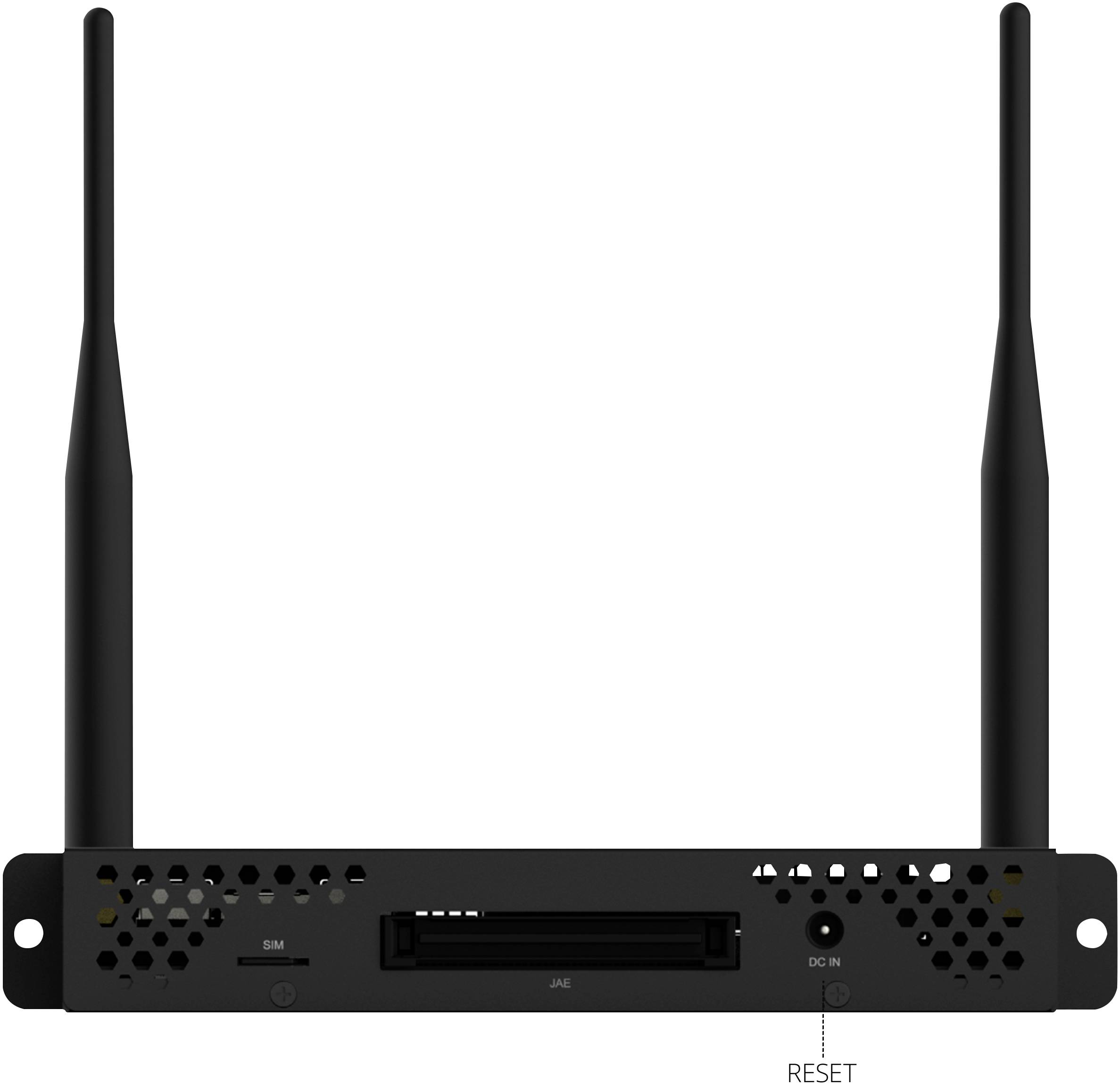 Egy fekete router két antennával, több szellőzőnyílással, SIM-kártya foglalattal és hálózati csatlakozóval a hátoldalán.