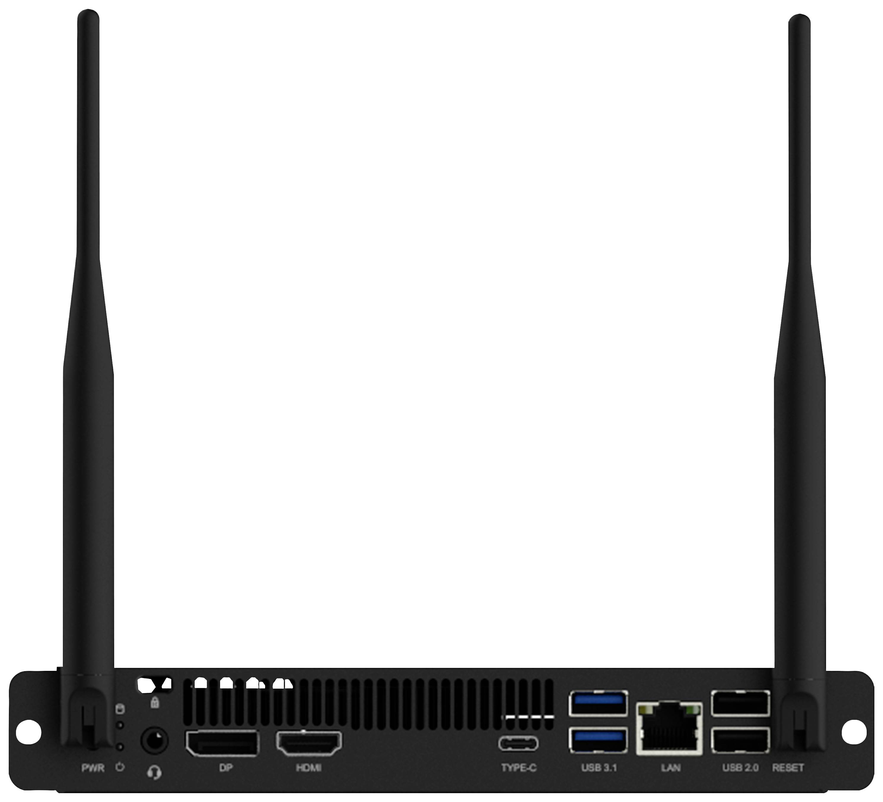 Egy kisméretű számítógép hátlapja két antennával, több USB-porttal, HDMI-val, LAN-nal és egy reset gombbal.