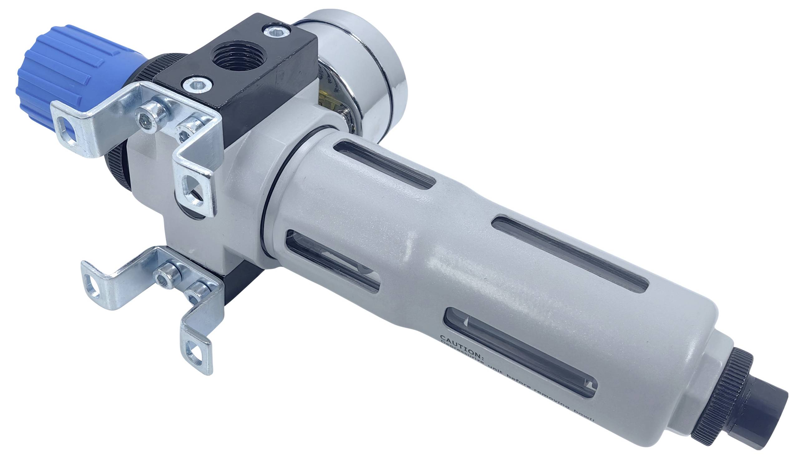 A készülékrajz egy kék beállítócsavarral és fémtartókkal rendelkező pneumatikus nyomásszabályzó és szűrőmodult mutat.