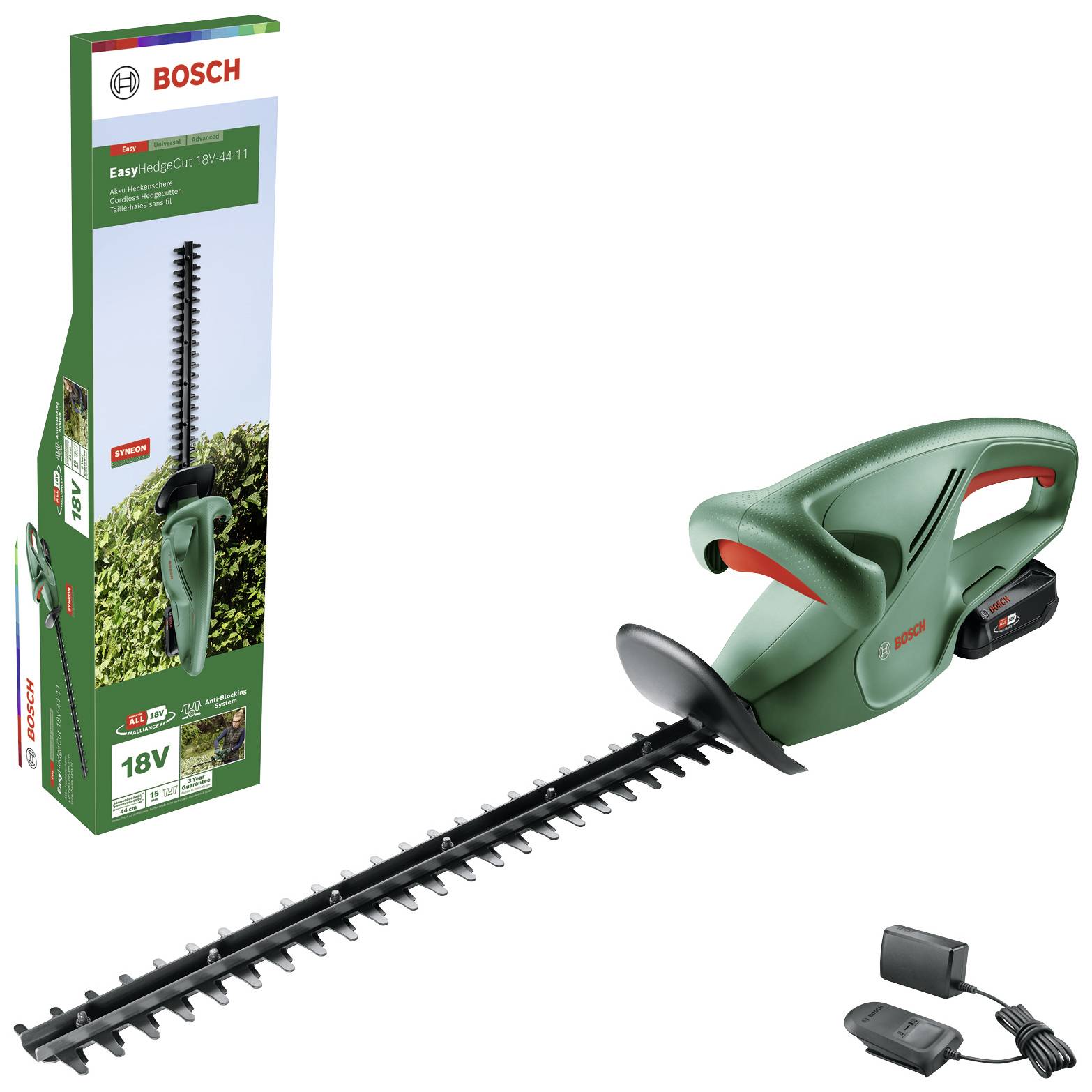 Képen a 'Bosch Akku-Heckenschere EasyHedgeCut 18-45' csomagolásával együtt. 18V-os akkumulátorral, sövények vágására alkalmas.