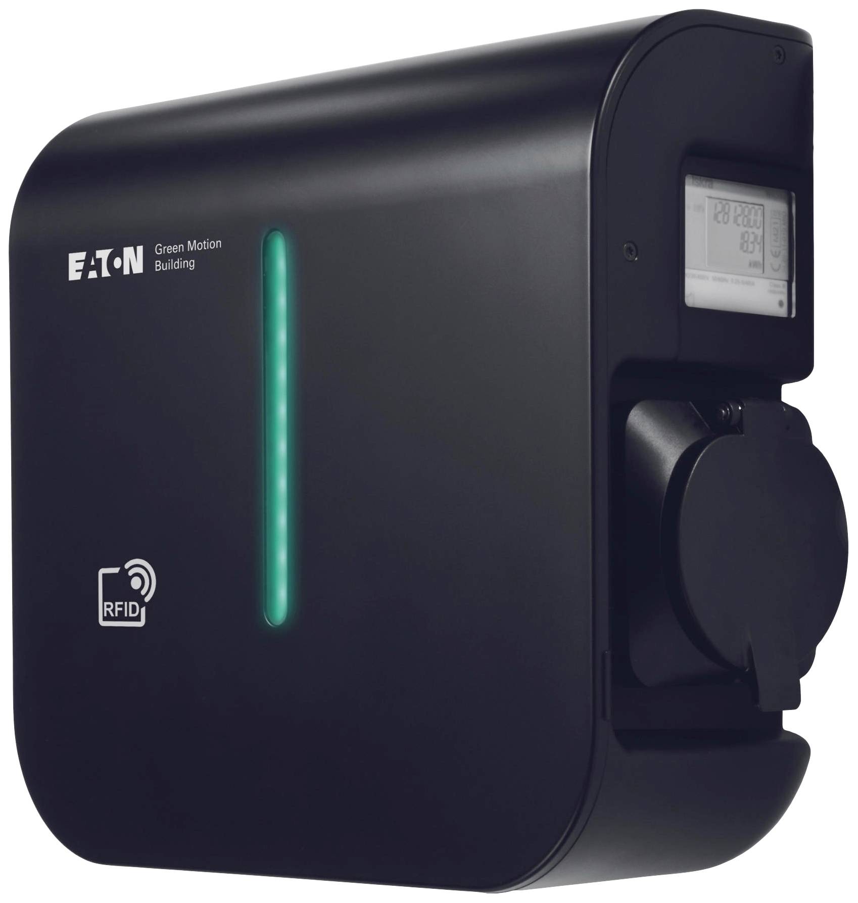Eaton elektromos járművek töltőállomása, fekete házban, oldalán RFID-logóval; középen függőleges LED-fény.
