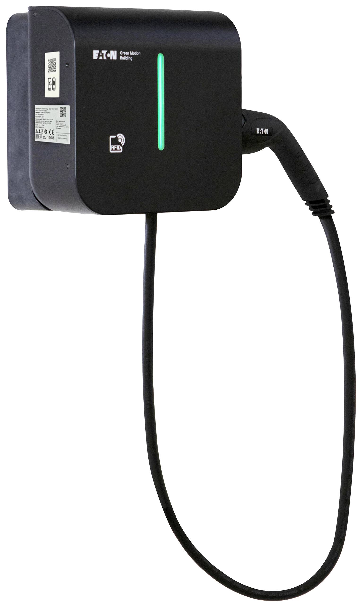 Egy fekete elektromos töltőállomás csatlakoztatott kábellel és az elején világító zöld csíkkal.