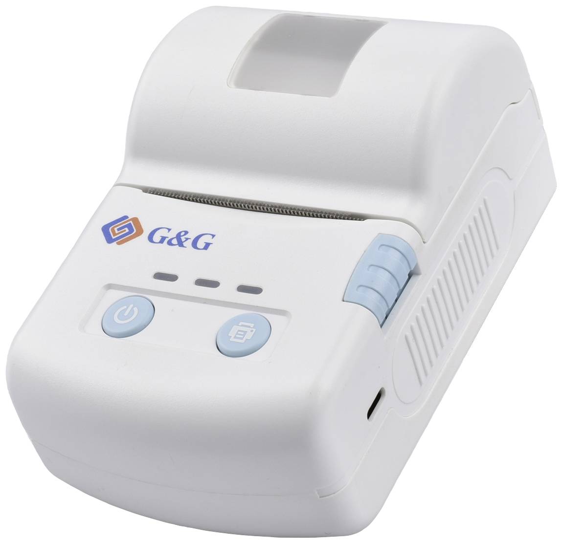 Egy hordozható, fehér nyomtató három gombbal az elején, amelyek közül az egyik a be-/kikapcsoló gomb. Felül helyezkedik el a papír kimeneti nyílása.