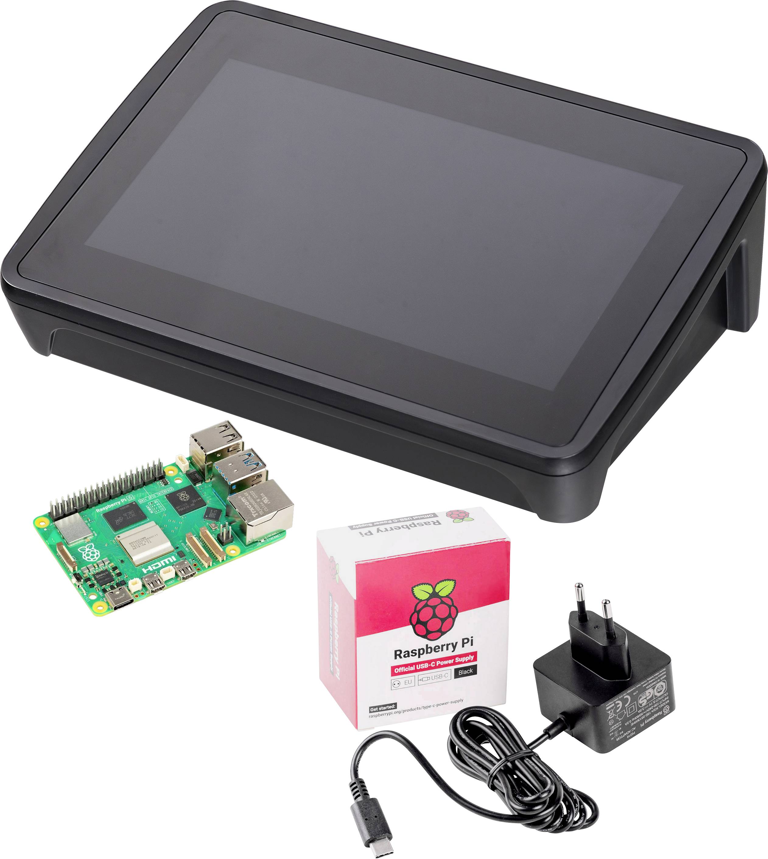 Egy Raspberry Pi szett egy érintőképernyős kijelzővel, egy Raspberry Pi alaplappal, egy tápegységgel és egy logóval ellátott csomagolással.