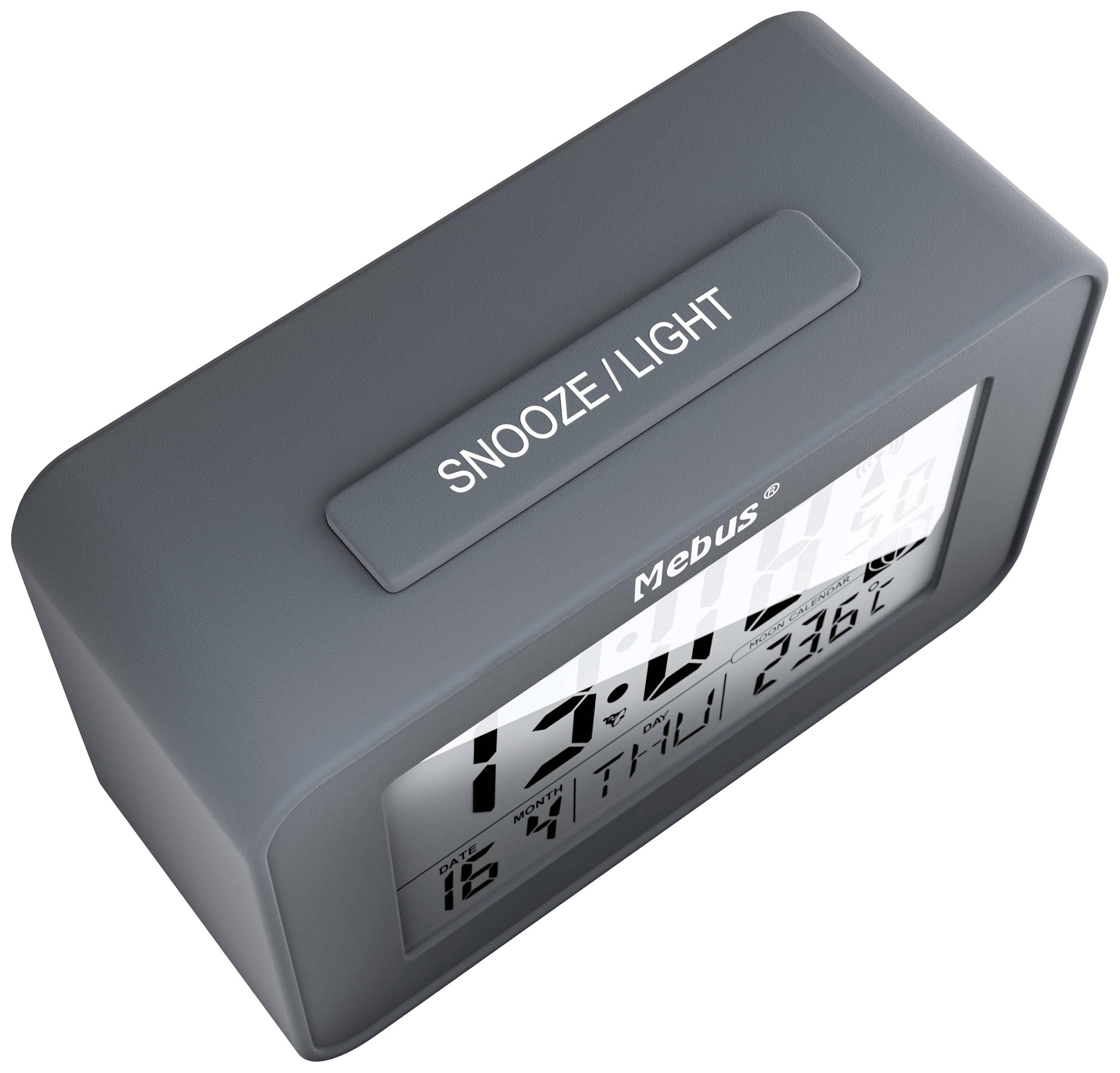 Sötét házban lévő digitális asztali óra, amely az időt, dátumot és hőmérsékletet mutatja. Felül a 'Szundi/Fény' felirat.