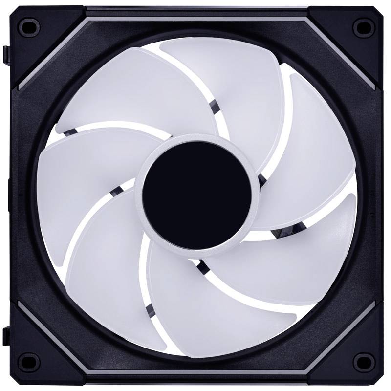 Egy négyzet alakú számítógép-ventilátor fehér rotorral és fekete kerettel. A ventilátor hét lapáttal rendelkezik, amelyek mind spirális elrendezésben helyezkednek el.