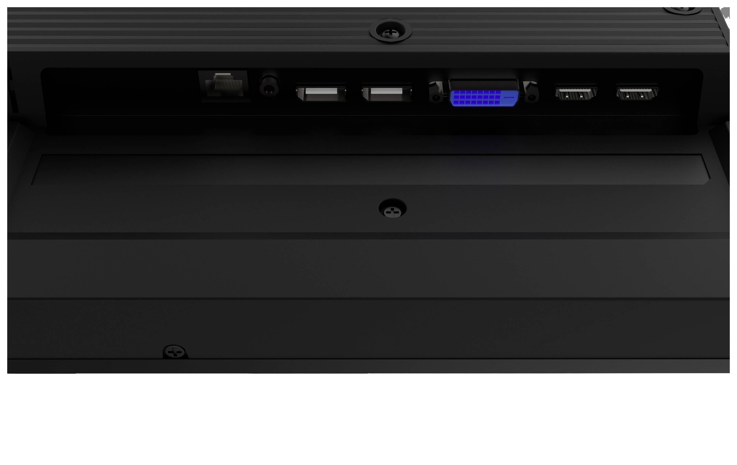 A monitor hátoldalán lévő csatlakozók: tápegység, két USB, egy kék jelöléssel ellátott HDMI, további két HDMI-csatlakozó.