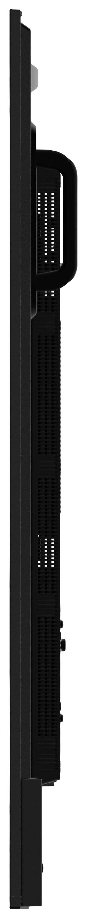 Egy karcsú, fekete elektronikai eszköz oldalnézete, amely valószínűleg egy képernyő vagy monitor, és fogantyúval rendelkezik.
