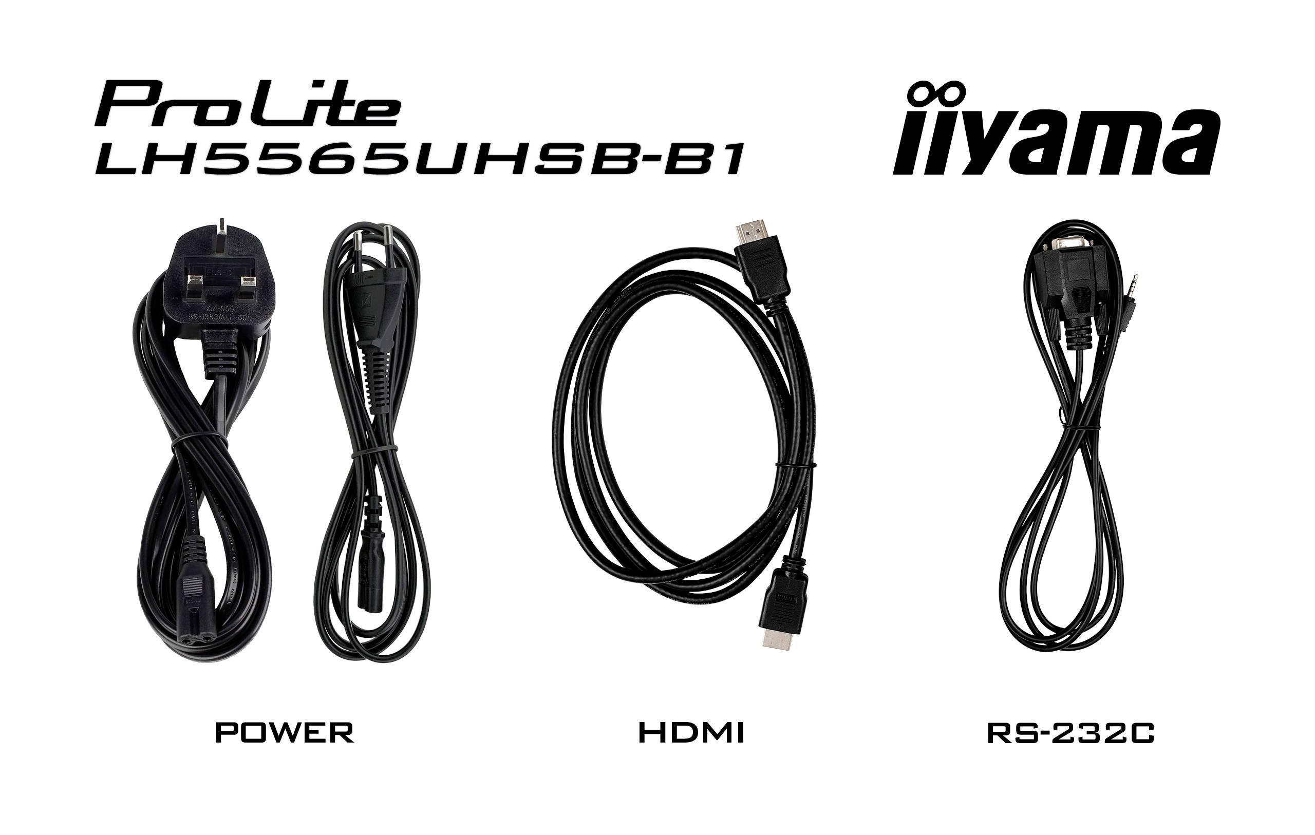 'ProLite LH5565UHSB-B1' tartozékok: Tápkábel, HDMI-kábel, RS-232C-kábel, iiyama logó jobb felül.