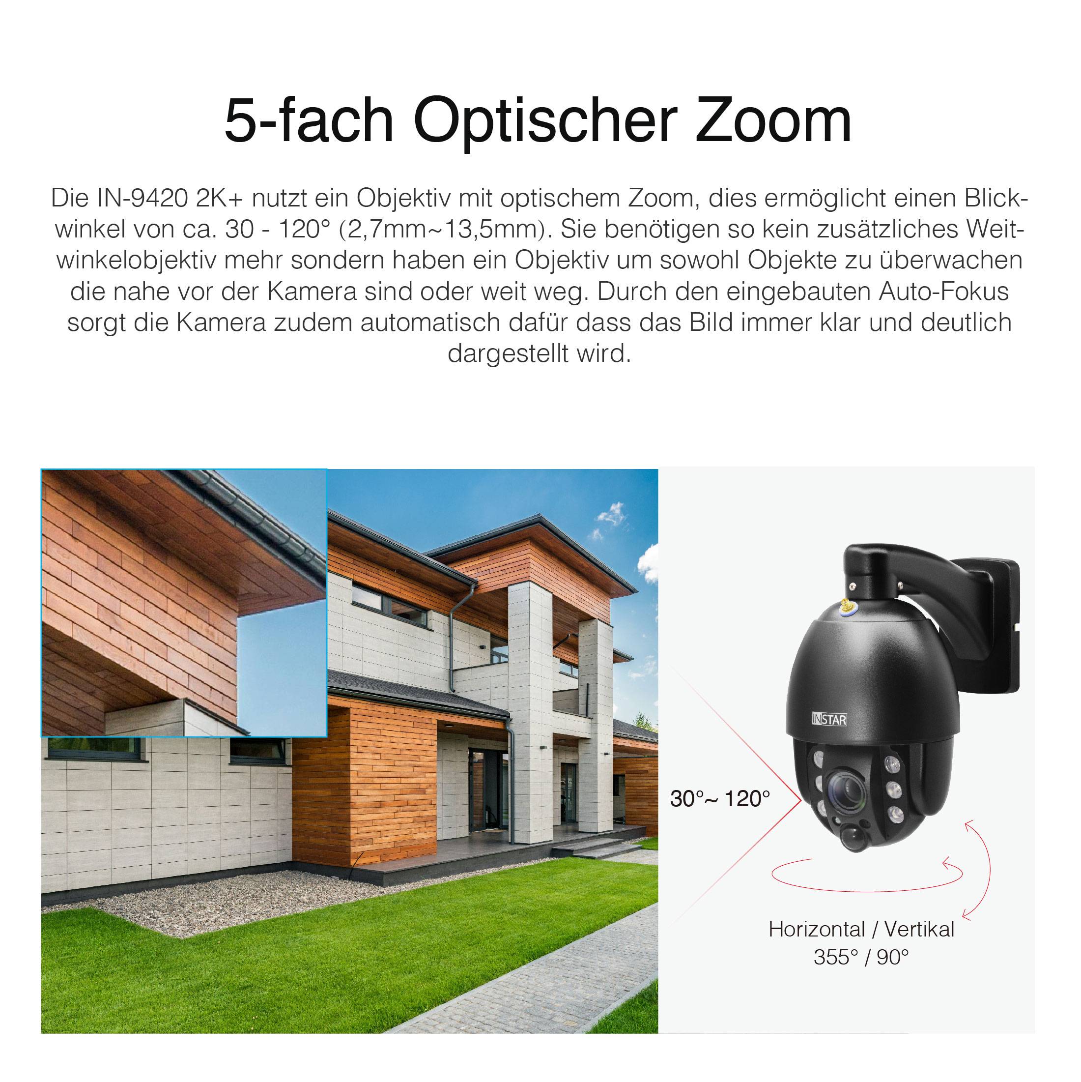 A kamera egy modern lakótömböt mutat. A szöveg leírja a kamera 5x-ös optikai zoomját, amely széles látószöget és automatikus fókuszálást kínál.