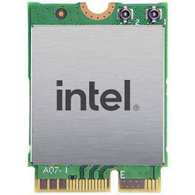Egy Intel hálózati kártya laptop vagy asztali számítógépekhez, amelyen az 'intel' felirat látható. Csatlakozókkal rendelkezik és vezeték nélküli kommunikációra tervezték.