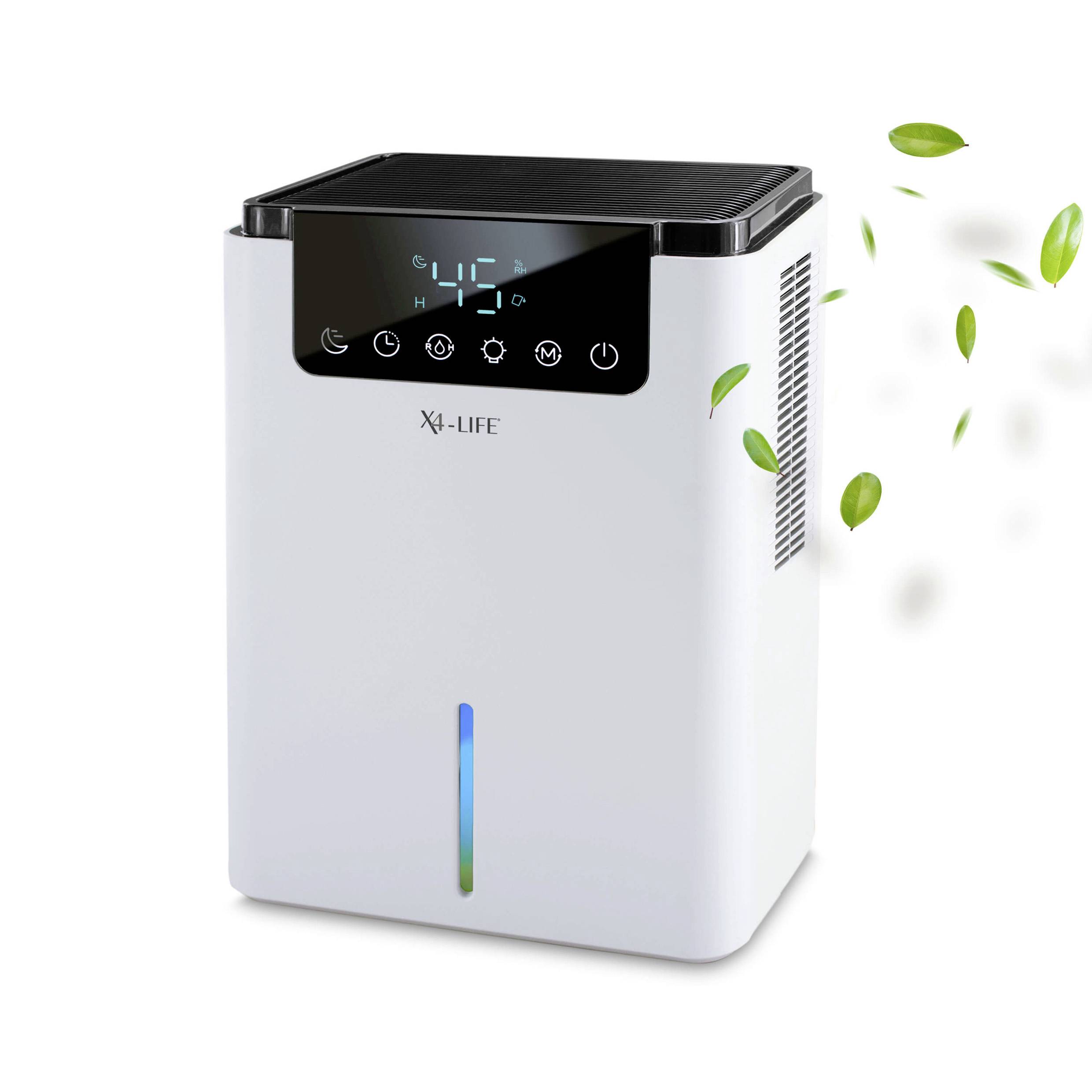 Digitális kijelzővel rendelkező légtisztító, amely mutatja a friss levegő funkciót a kiáramló levegőnél, kompakt fehér kivitelben.