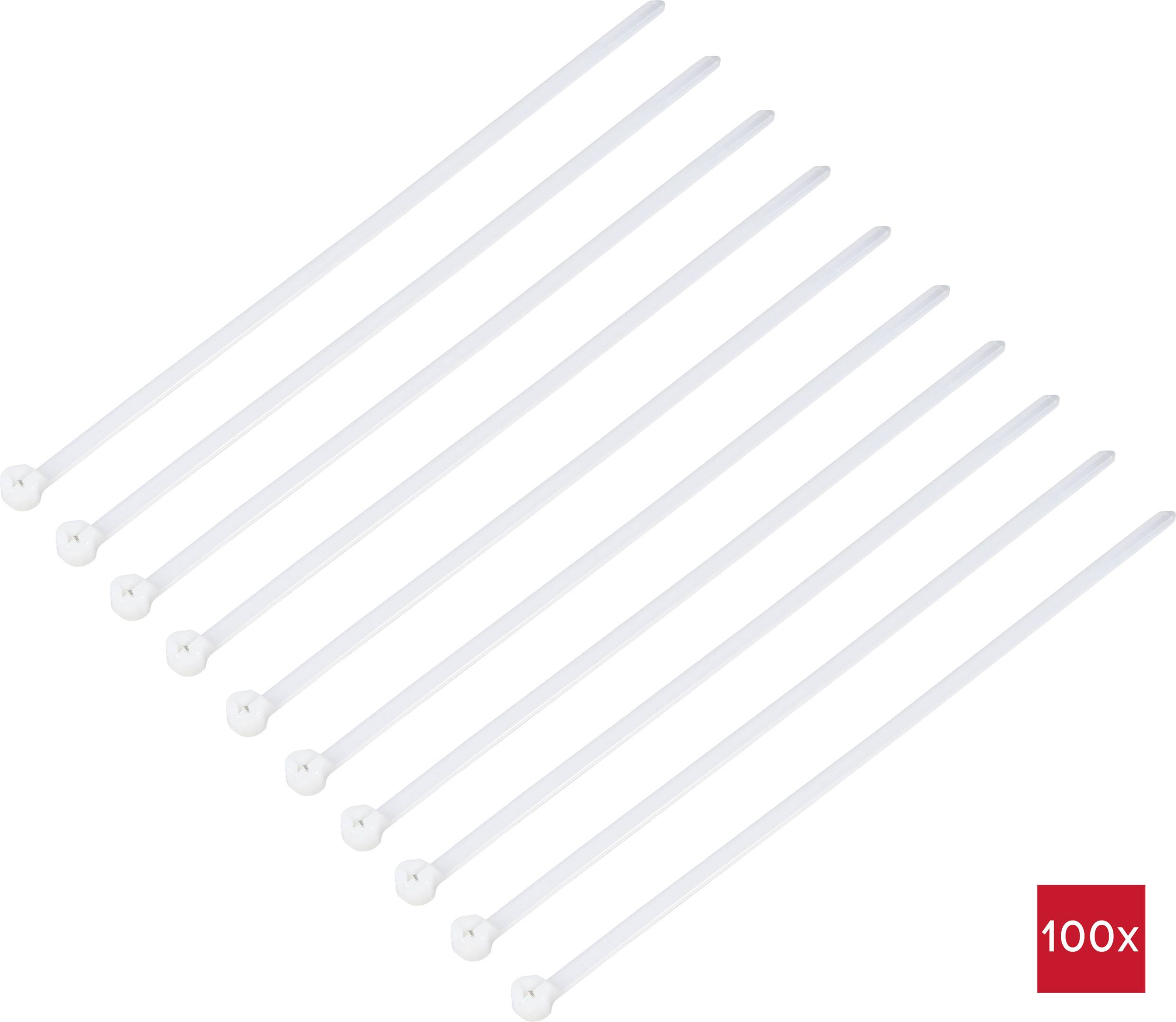 Tíz fehér kábelkötegelő, egymás mellé rendezve, körülbelül 20 cm hosszúságban. A sarokban egy piros mező látható a '100x' felirattal.