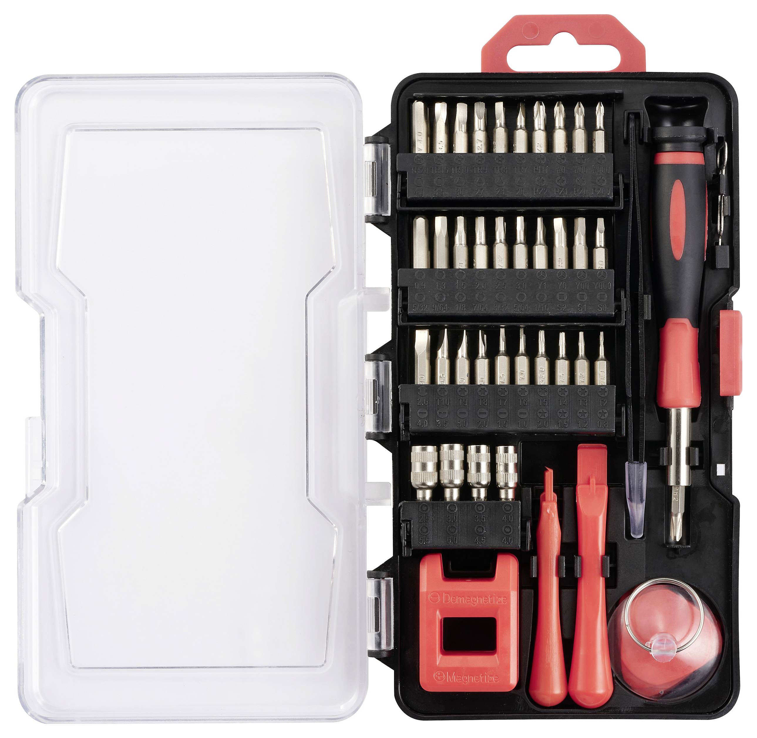Egy szerszámkészlet csavarhúzóval, feltétekkel és kiegészítőkkel fekete műanyag dobozban, átlátszó tetővel.