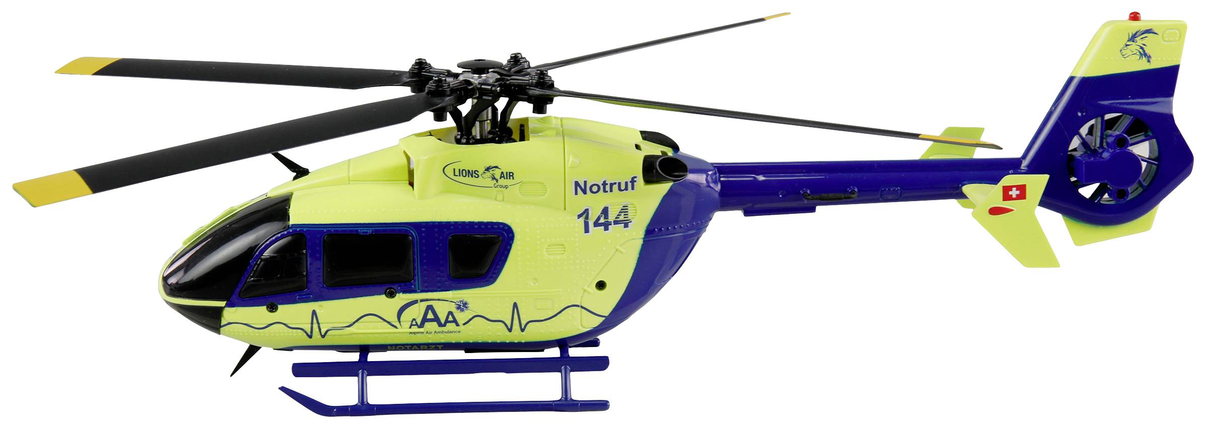 Egy sárga és kék mentőhelikopter, amelyen a '144 Sürgősségi Hívás' felirat és logó látható, oldalról nézve.