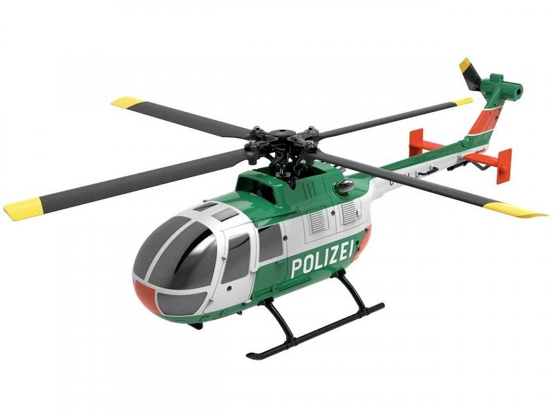 Egy zöld és fehér játék rendőrségi helikopter, amelynek az oldalán 'RENDŐRSÉG' felirat szerepel. A helikopternek forgószárnyai és futóművei vannak.