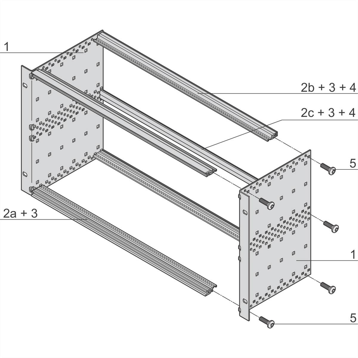 Egy polc robbantott rajza csavarokkal és sínekkel. A feliratok mutatják az alkatrészeket és kapcsolódásokat, például '2a + 3', '2b + 3 + 4'.
