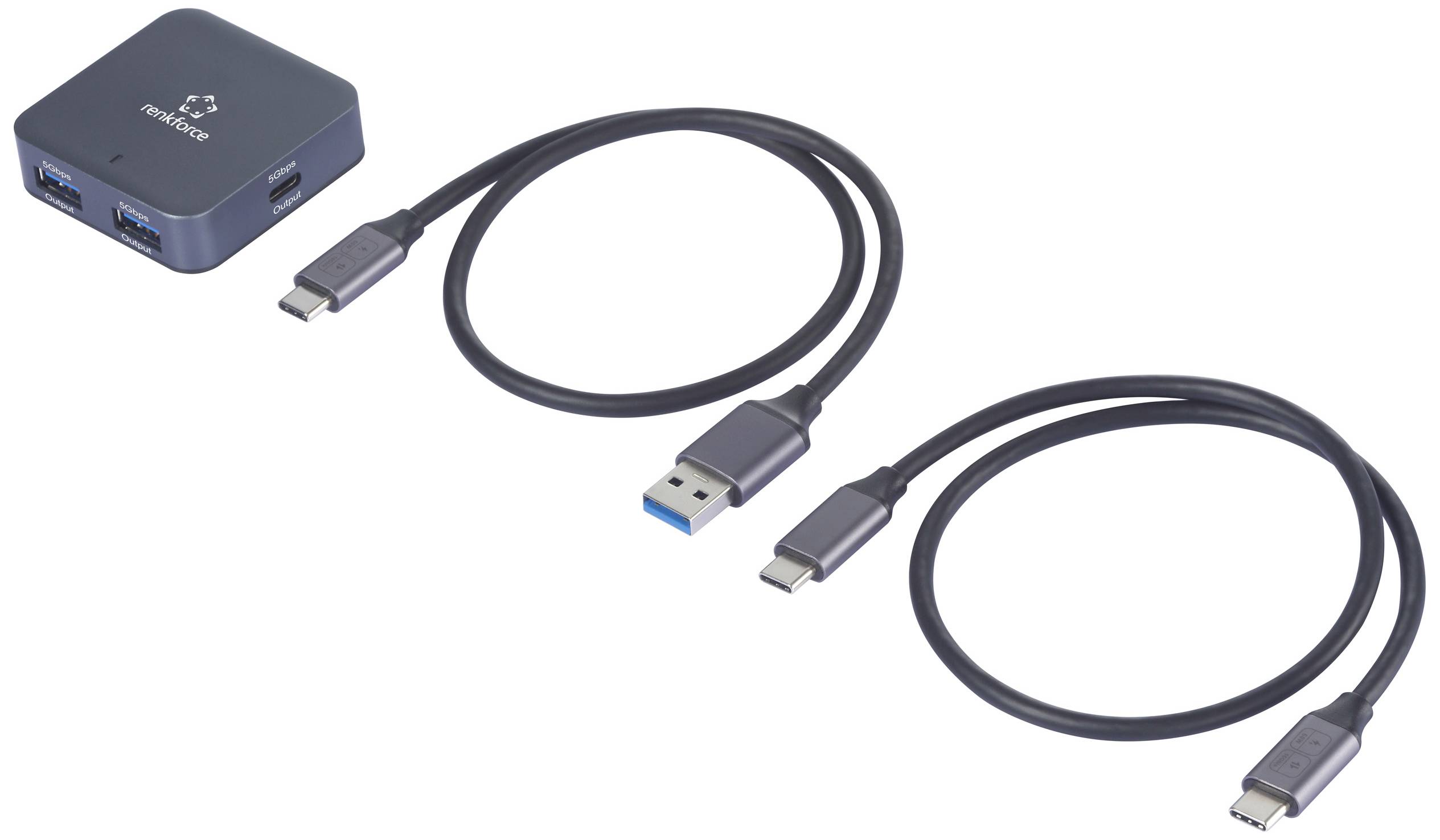 Egy kis, szürke USB-elosztó két USB-csatlakozóval és két hozzá tartozó USB-kábellel fehér háttér előtt.