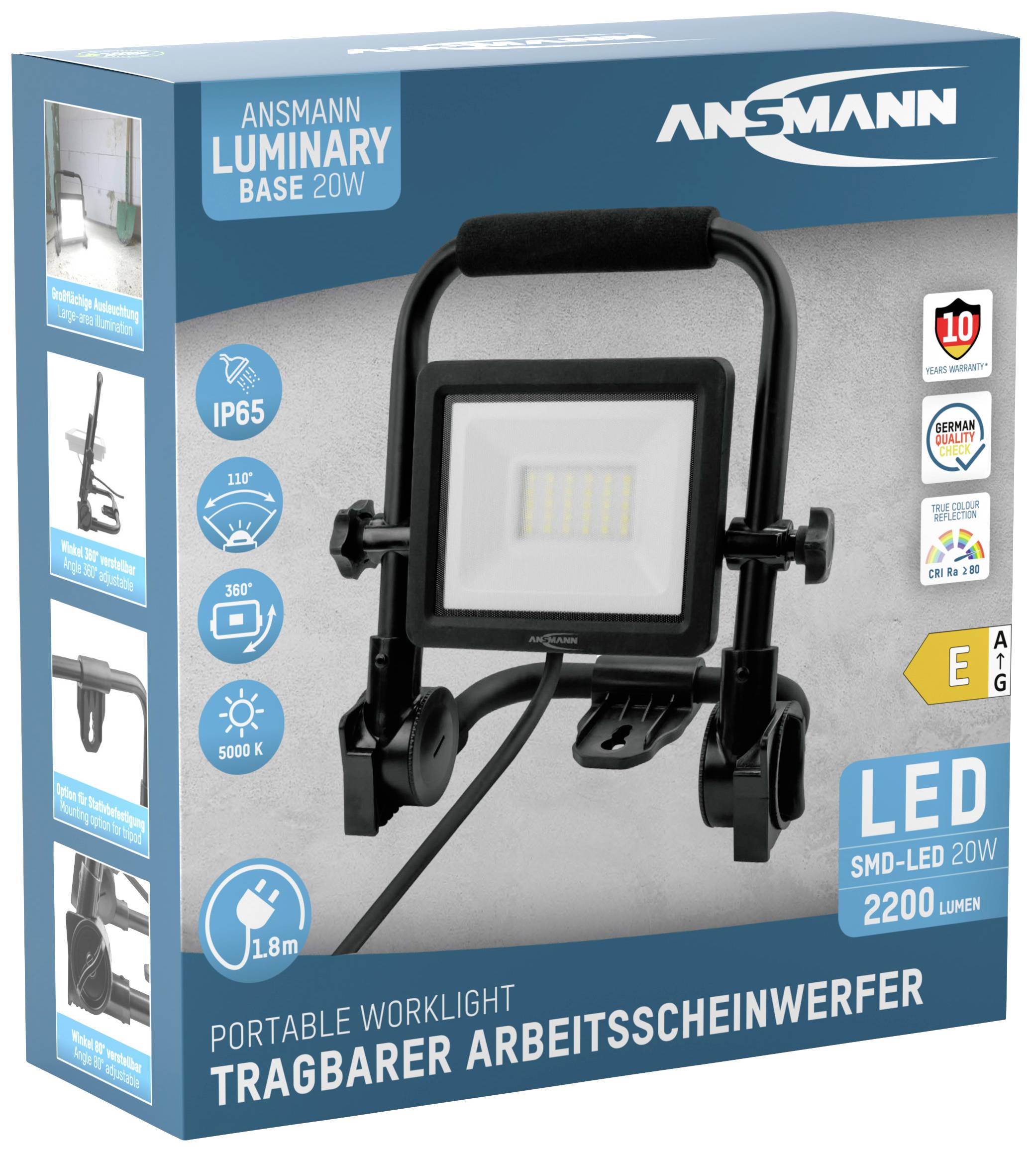 'Ansmann Luminary Base 20W' hordozható LED-munkalámpa 2200 lumen teljesítménnyel, IP65 védettséggel. Energiahatékonysági osztály: E.