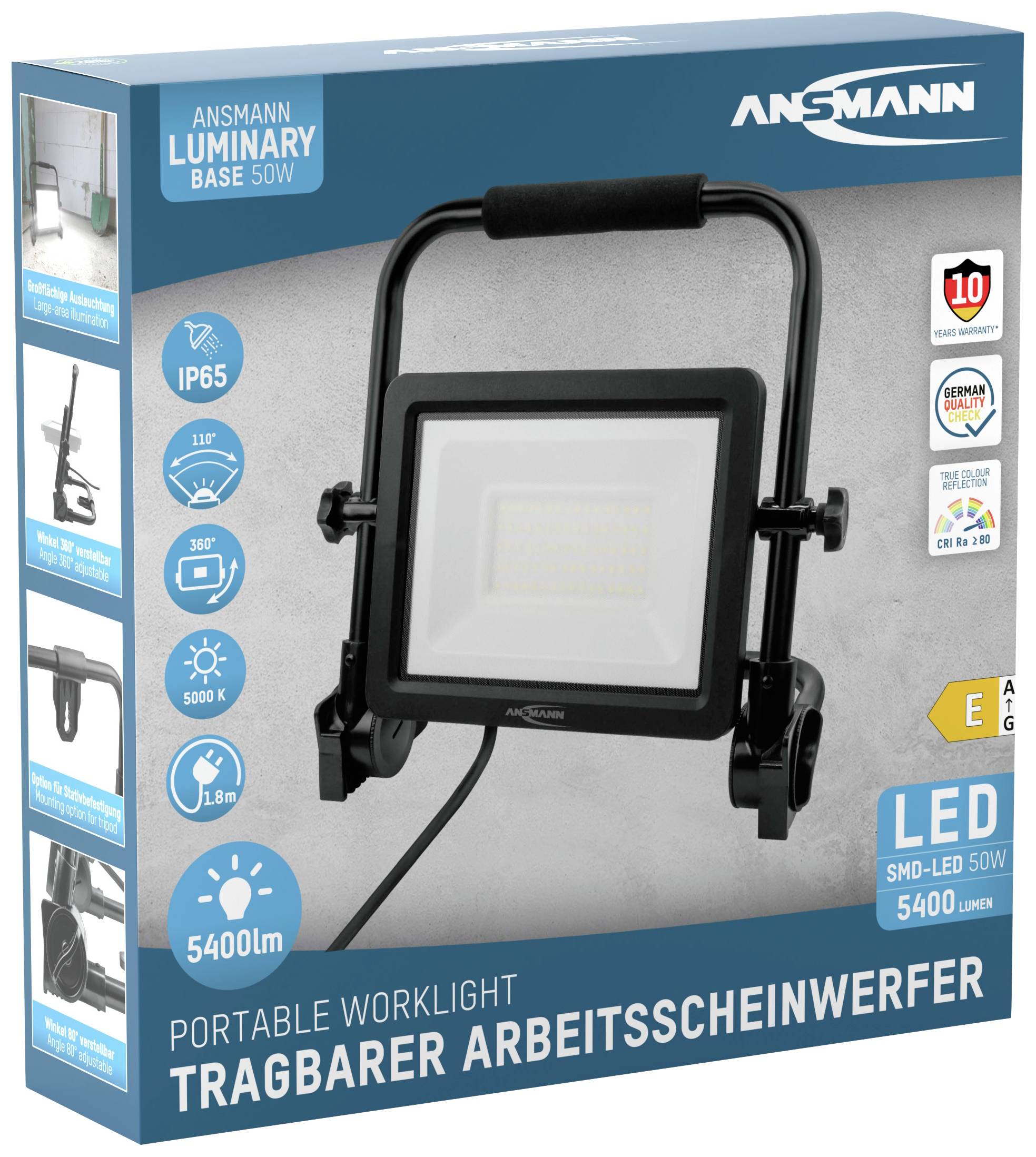 Hordozható munkalámpa, 5400 lumen, LED-technológia, 50W teljesítmény. A csomag a terméket kék, fekete és fehér felirattal mutatja.