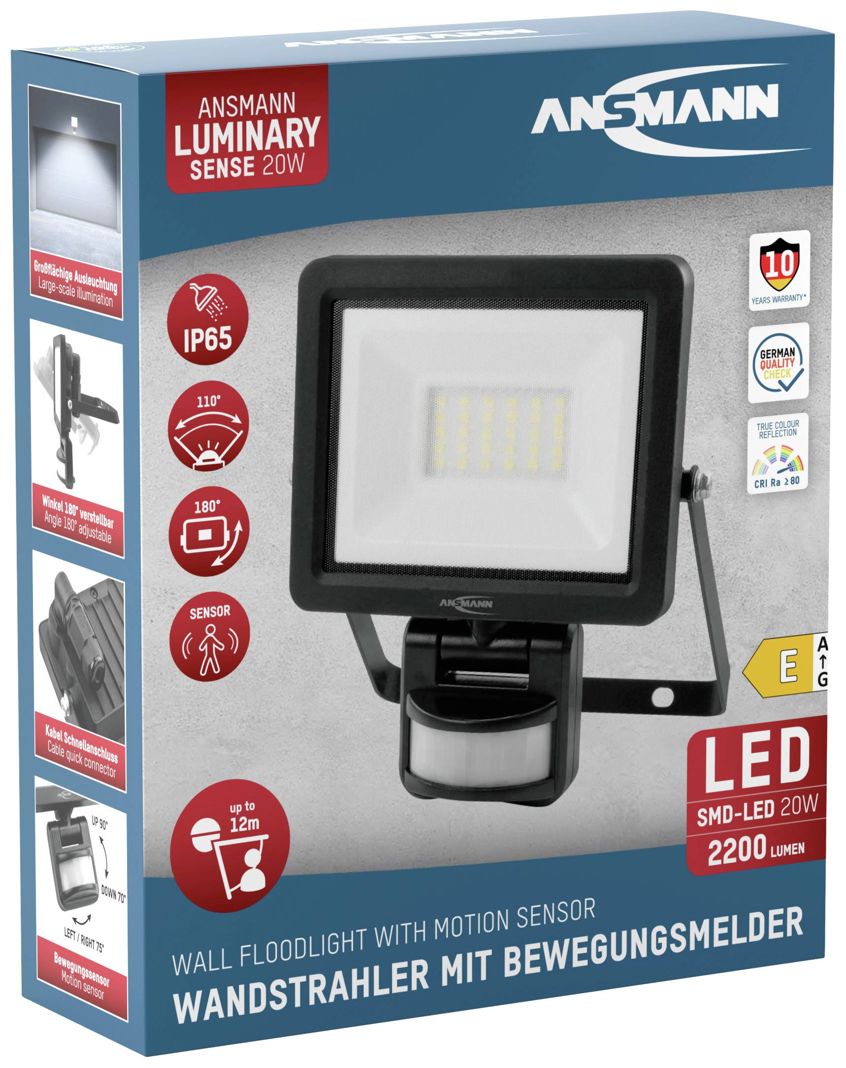LED-es fali reflektor mozgásérzékelővel. 2200 lumen, IP65 védettségű, időjárásálló. 120°-os észlelési szög, akár 12 m hatótávolság. Energiahatékonysági osztály: E.