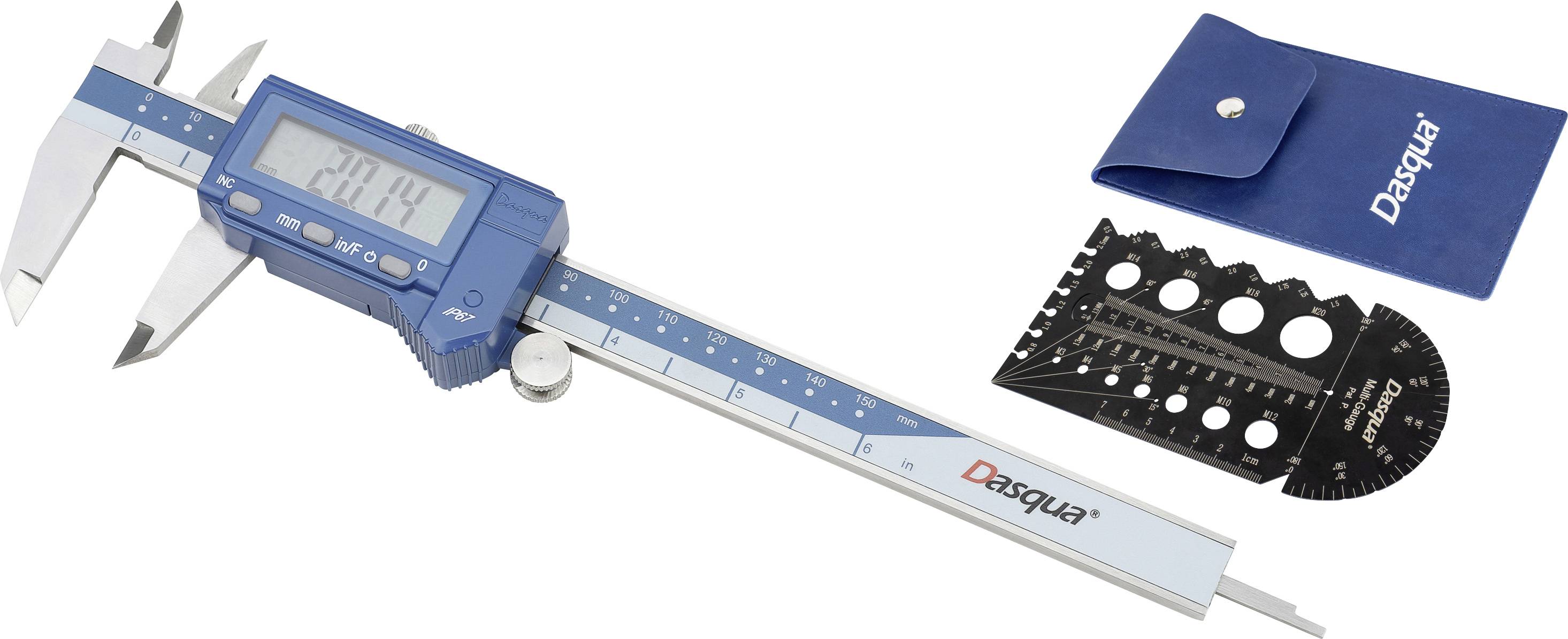 Elektronikus tolómérő digitális kijelzővel, amelyen '20.14' látható. Mellette egy kék tok és mérősablonok különböző formákban.