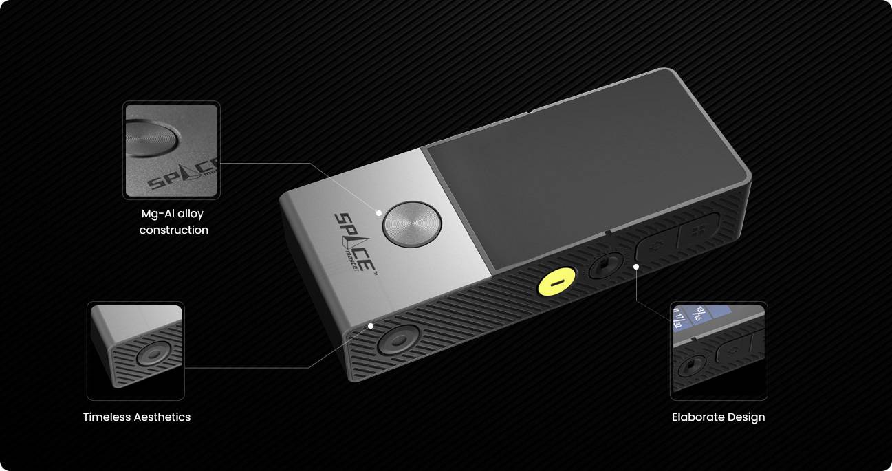 Egy téglalap alakú, modern technikai eszköz ezüst és sötét elemekkel; Szöveg: 'Mg-Al ötvözet szerkezet', 'Időtlen esztétika', 'Kidolgozott dizájn'.