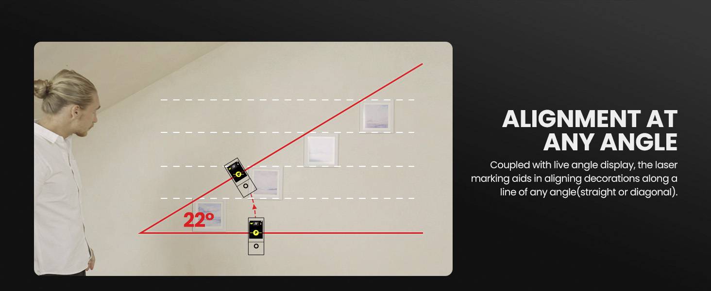 Egy férfi egyfalat néz egy 22 fokos dőlésszögben lévő lérzékelővel, amely segít a dekorációk elhelyezésében.