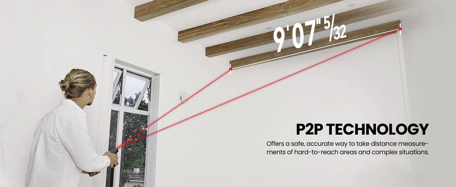 Egy személy lézeres P2P technológiával méri a távolságot egy fal egy magasan lévő pontjáig. Szöveg: 'P2P technológia', pontos mérés.