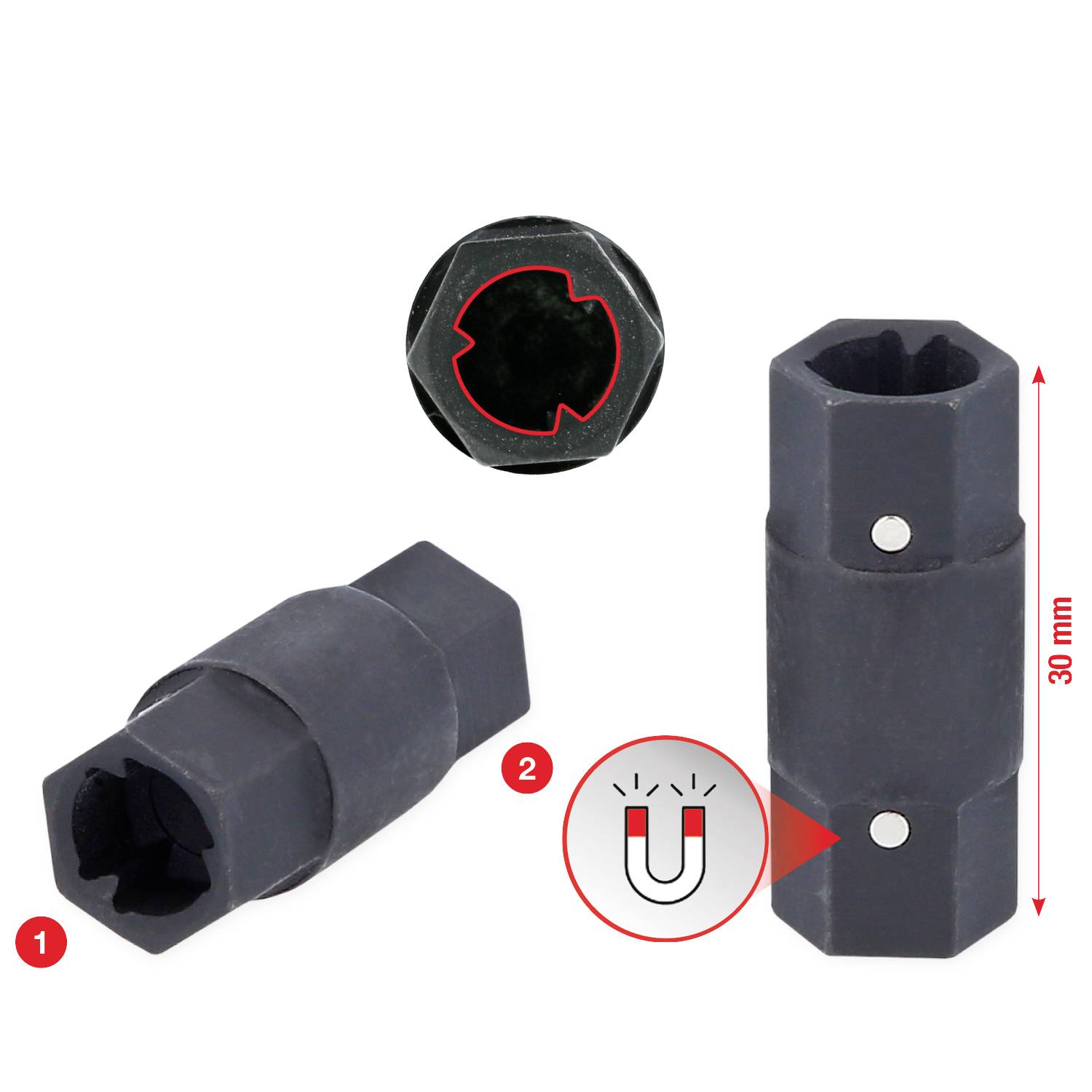 Univerzális kulcs fűtési légtelenítéshez. Mágneses funkció, amely megkönnyíti a légtelenítést. A kép két perspektívát mutat.