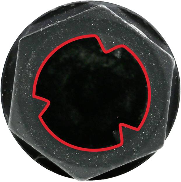 Egy fekete hatlapfejű csavar átlátszó műanyag fejjel. A fej belsejében egy szabálytalan vörös vonal látható.