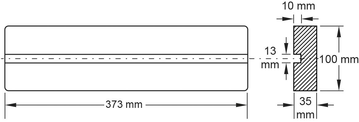 Műszaki rajz egy téglalap alakú lemezről a következő méretekkel: hosszúság 373 mm, szélesség 35 mm, vastagság 10 mm és 13 mm.