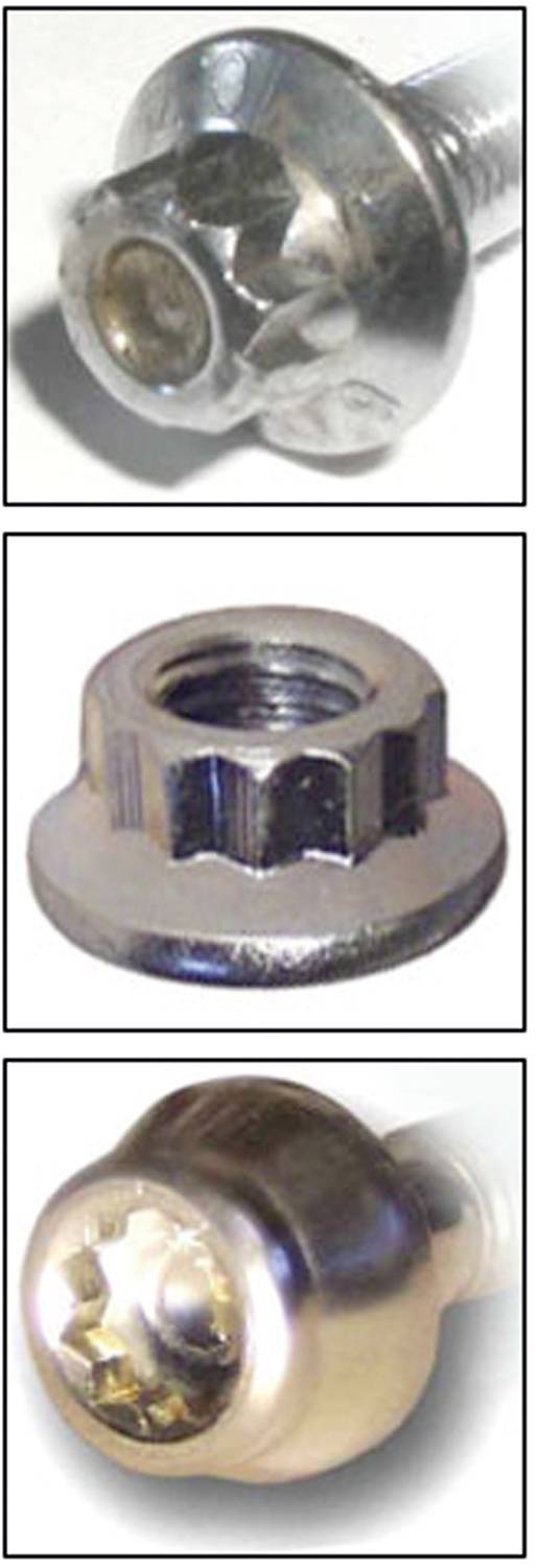 Három fénykép csavarokról és anyákról: Felül egy Torx-fejű csavar, középen egy fogazott anya, alul egy másik Torx-fejű csavar.