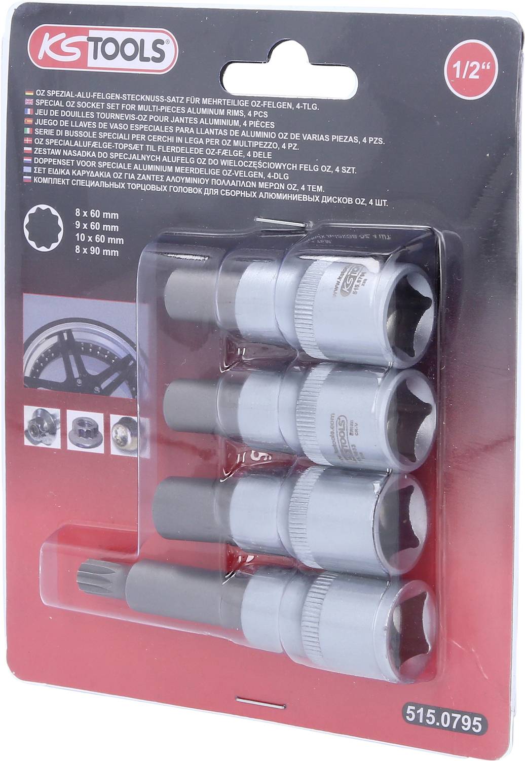 Négy KS Tools dugókulcs, csomagolásban. Méretjelöléssel ellátva: 8x60 mm, 10x60 mm, 19x60 mm, gépjárműkerék-karbantartáshoz alkalmas.