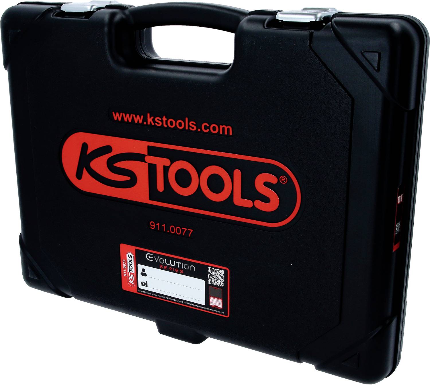 Fekete szerszámtáska piros 'KS TOOLS' logóval és a 'www.kstools.com' weboldallal. Különböző felhasználási területekhez való szerszámokat tartalmaz.